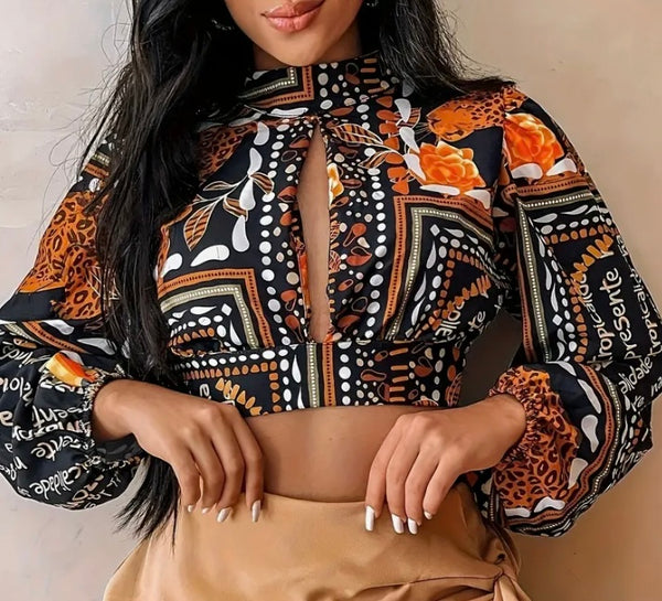 BOHO SPLIT MOCK CROP BLOUSE